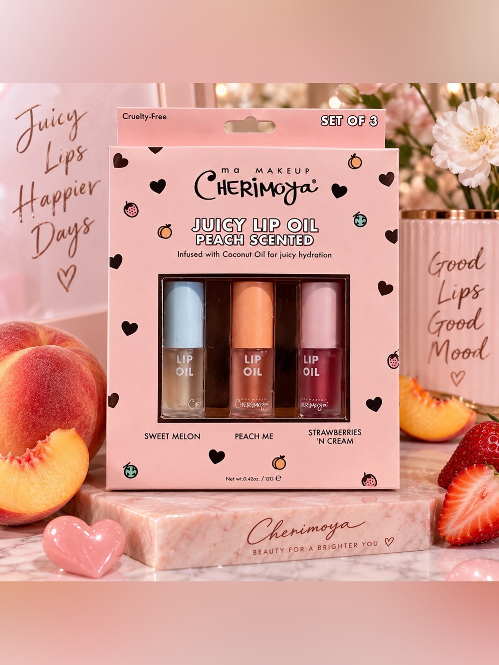 Max Makeup Cherimoya Juicy Lip Oil Set of 3 Peach Scented NEW